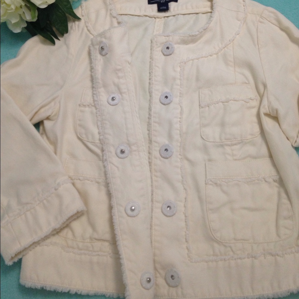 NEW GAP Jacket Blazer Ivory Fringe Accents Pockets Hidden Buttons 3/4 Sleeve Sm